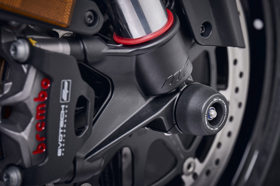 The injection-moulded nylon crash bung of EP Front Spindle Bobbins installed onto the front wheel of the KTM 1290 Super Duke R, giving strong crash protection to the front forks and brake calipers.