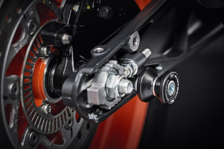 The rear wheel and swingarm of the KTM 390 Duke, ready to be raised using the installed EP Paddock Stand Bobbins.