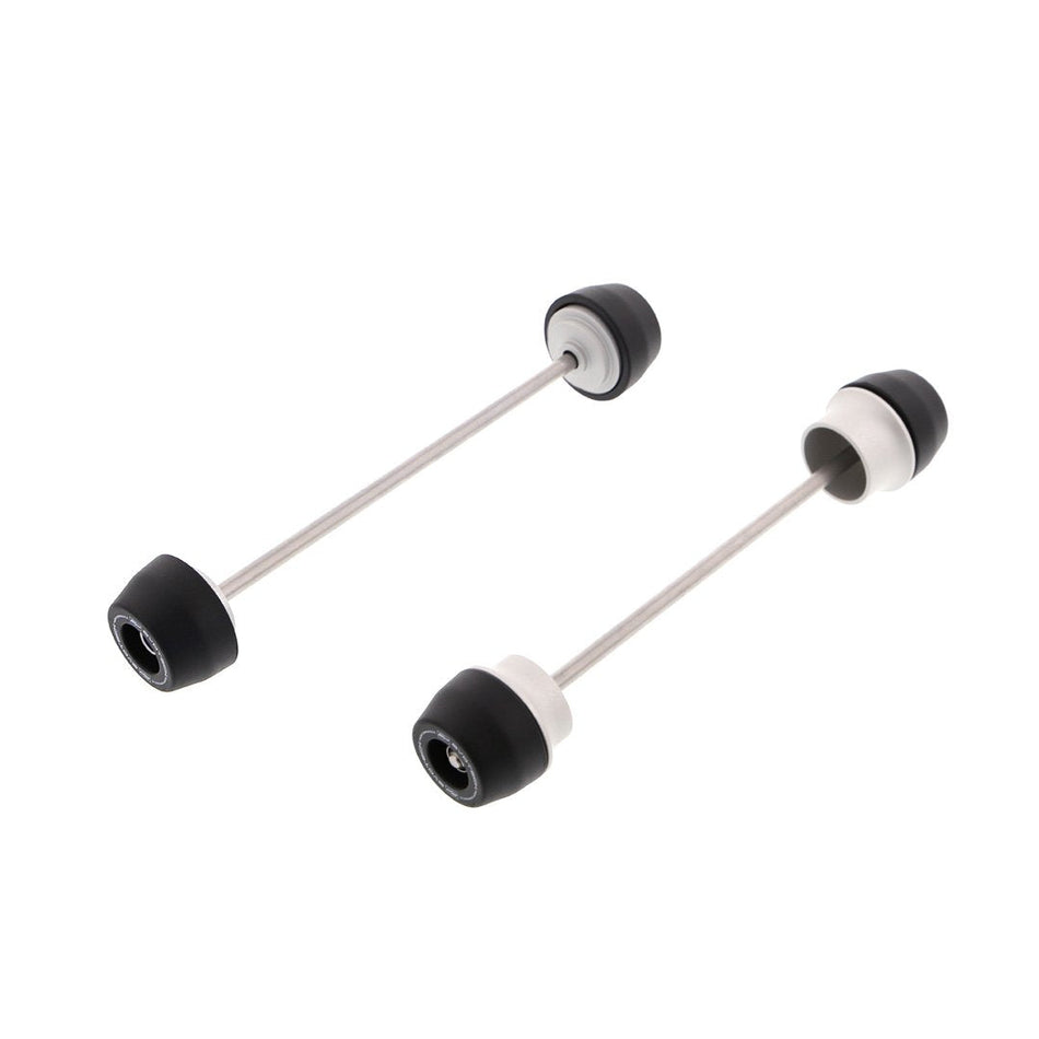 EP Spindle Bobbins Kit for the Kawasaki Ninja 650 includes front fork crash protection (left) and rear swingarm protection (right). Stainless steel spindle rods hold the signature Evotech Performance nylon bobbins and aluminium spacers together which will attach securely through the motorcycles wheels.  