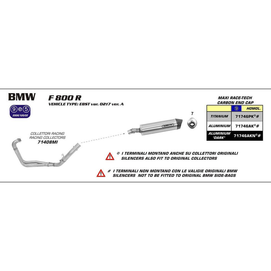 ARROW 71746AK Silencer :- MAXI RACE-TECH Aluminium Silver with Carbon End Cap - BMW F800R 09>16 1