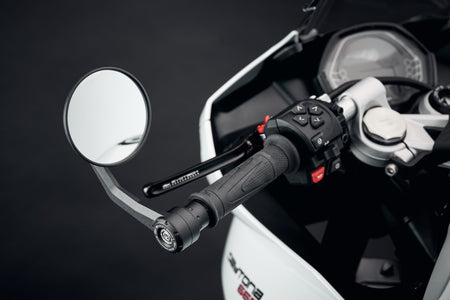 Evotech Bar End Mirrors for the Triumph Daytona 660 fitted at the handlebar ends using the bespoke installation design and pivot adjustment.