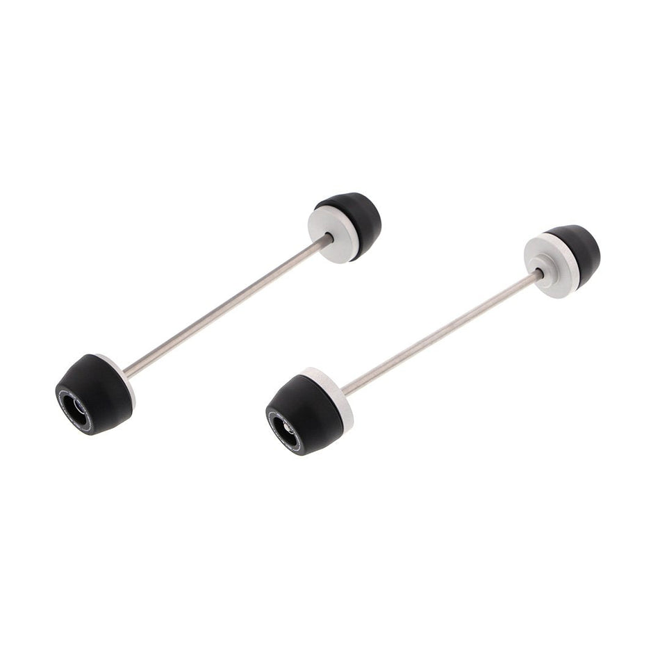 The nylon and aluminium bobbins held by stainless steel spindle rods of EP Spindle Bobbins Kit for the BMW S 1000 XR with front wheel and fork protection (left) and rear swingarm protection (right).