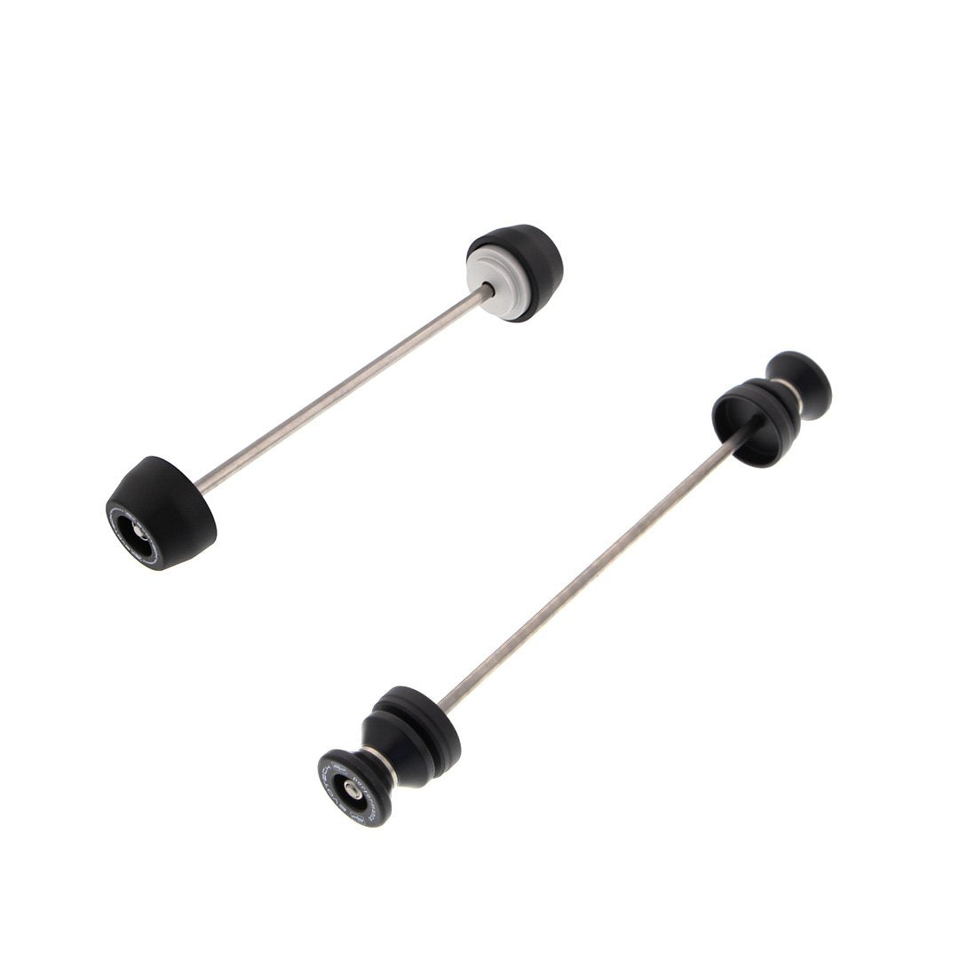 Front Spindle Bobbins for crash protection (left) and rear wheel Paddock Stand Bobbins for storage and maintenance (right) are the two EP products combined to form the EP Spindle Bobbins Paddock Kit for the Ducati Scrambler Urban Enduro.