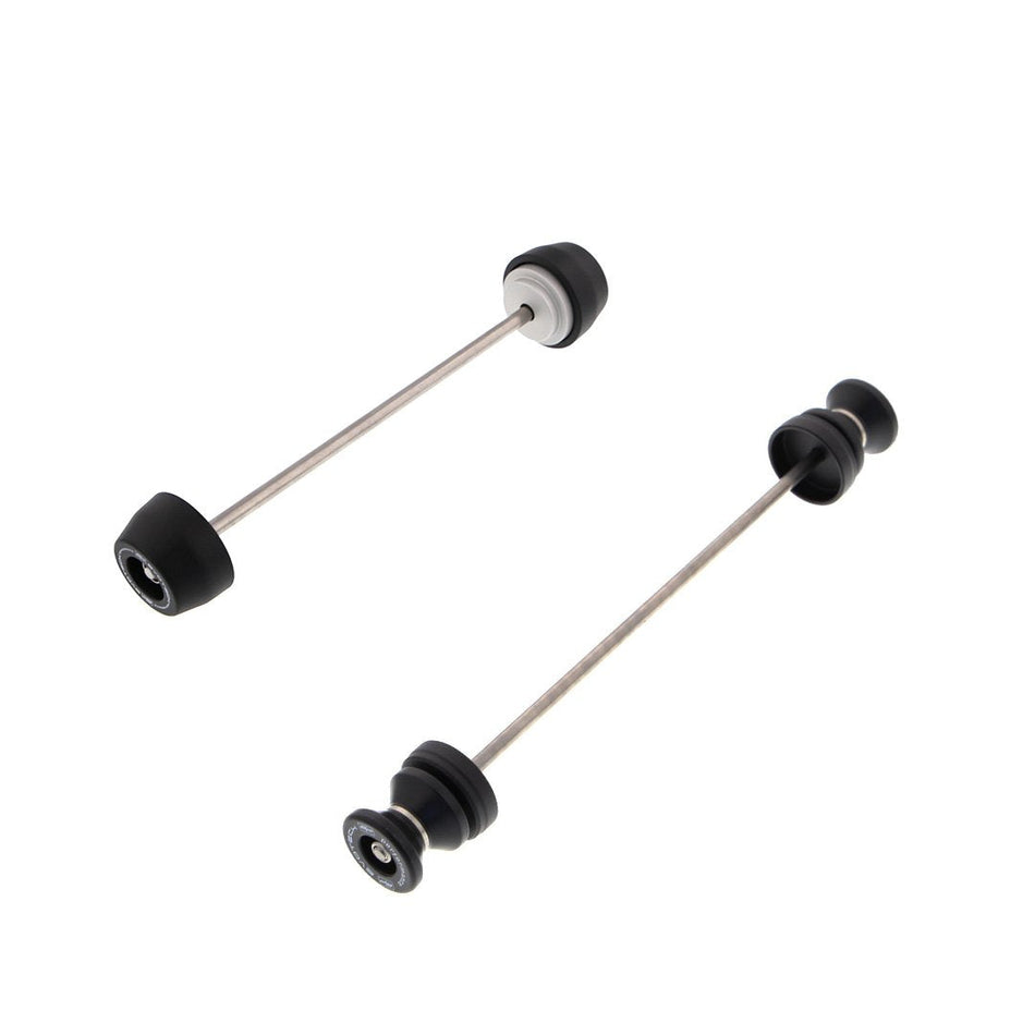 Front Spindle Bobbins for crash protection (left) and rear wheel Paddock Stand Bobbins for storage and maintenance (right) are the two EP products combined to form the EP Spindle Bobbins Paddock Kit for the Ducati Scrambler Full Throttle.