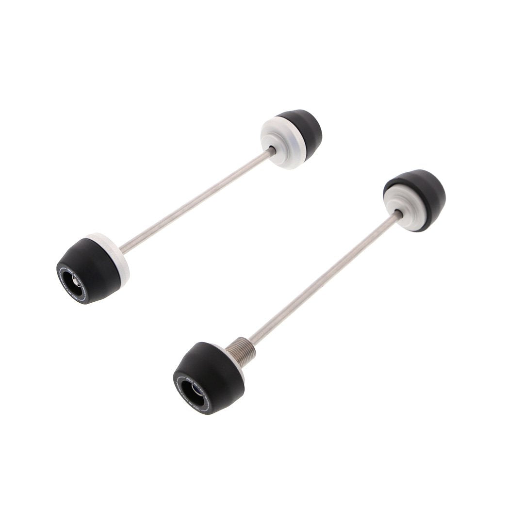 EP Spindle Bobbins Kit for the Honda CBR1000RR-R has two components, each with a stainless steel spindle rod with specifically sized aluminium spacers and nylon bobbins attached at either end. The front fork protection (right) also has a hollowed spindle bolt.