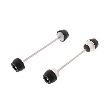 EP Spindle Bobbins Kit for the Kawasaki Ninja 650 Performance includes front fork crash protection (left) and rear swingarm protection (right). Stainless steel spindle rods hold the signature Evotech Performance nylon bobbins and aluminium spacers together which will attach securely through the motorcycle’s wheels.  