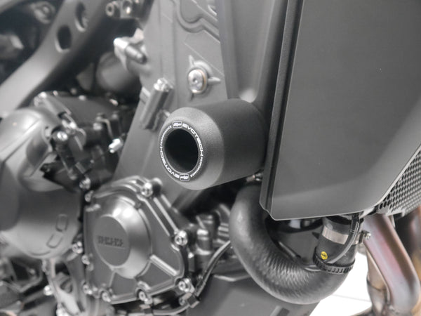 The right hand Evotech Crash Bobbin inserted into the motorcycle using the pre-existing mounting points.