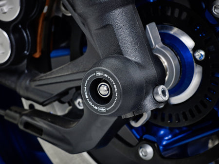 Evotech Front Spindle Bobbins inserted into the front wheel of the Yamaha MT-09, with stainless steel fasteners.