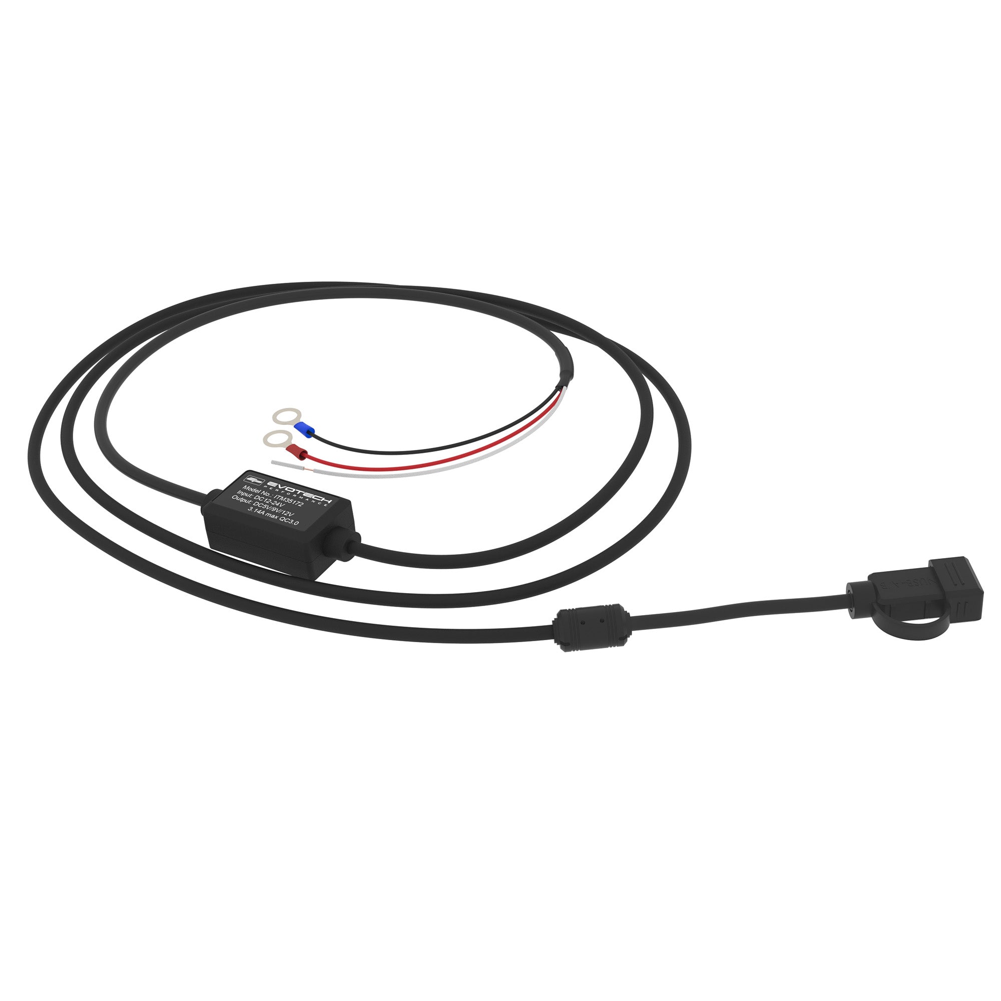 The wire of Evotech Motorcycle USB Charger for the Yamaha FZ1S is 2.2 metres long with a female USB-A interface. The Evotech motorcycle accessory can be installed to the battery or ignition using the coloured wires.