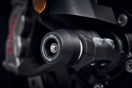 The signature EP Spindle Bobbins Kits crash protection bobbin mounted through the front fork of the Triumph Tiger 1200 GT.