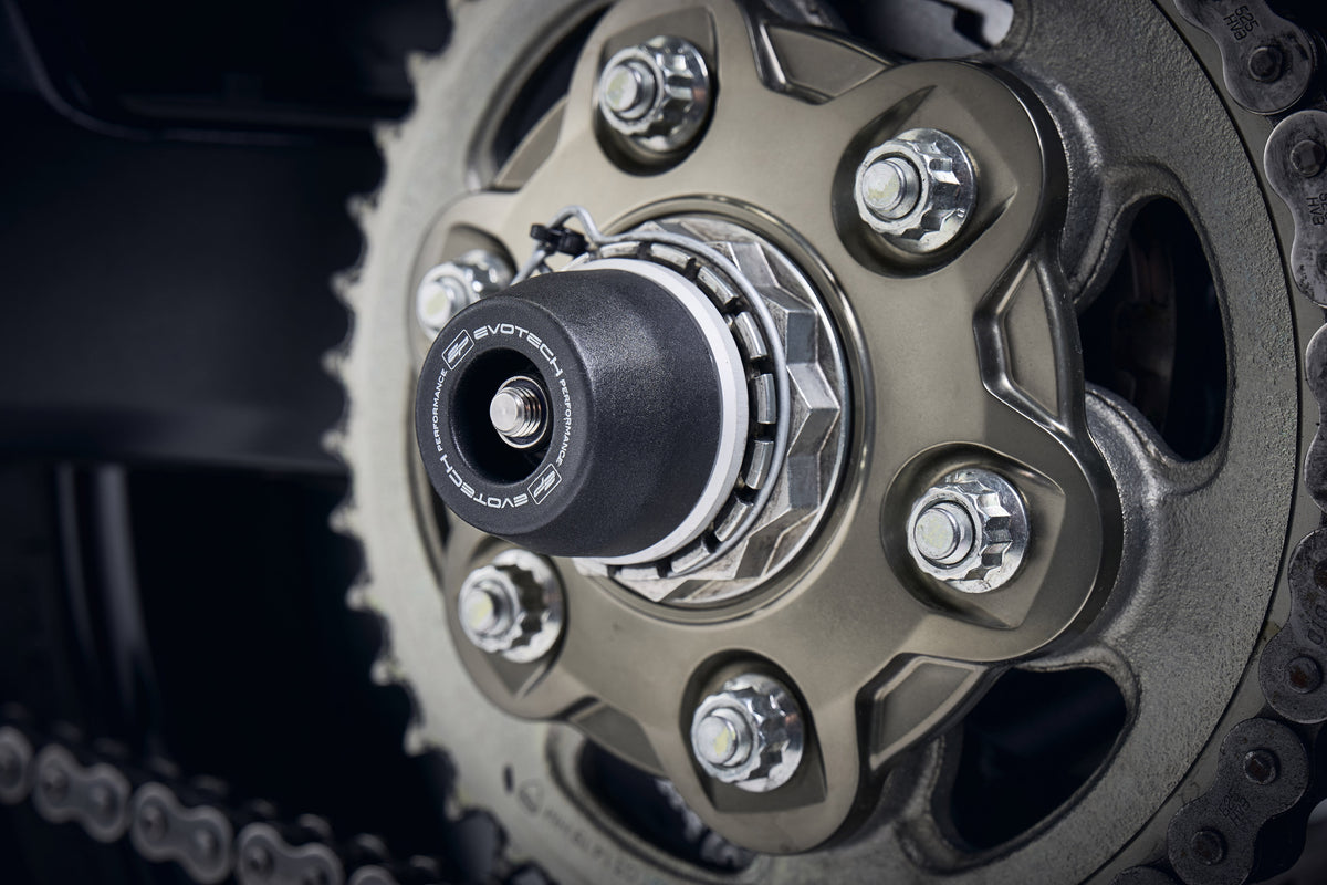 The signature Evotech Performance spindle bobbin fitted to the rear wheel of the Ducati SuperSport 950, offering crash protection to the swingarm and chain.
