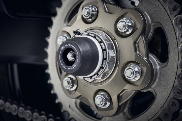 The signature Evotech Performance spindle bobbin fitted to the rear wheel of the Ducati SuperSport 950 S, offering crash protection to the swingarm and chain.