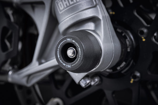 The precision fit of the EP Spindle Bobbins Crash Protection Kit to the front wheel of the Ducati Multistrada V2.