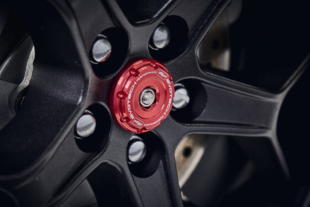 EPs anodised red hub stop from EP Spindle Bobbins Crash Protection fitted to the offside rear wheel of the Honda CB1000R Neo Sports Cafe.