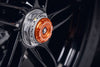 The orange hub stop from EP Spindle Bobbins Crash Protection Kit attached to rear offside of the KTM 1290 Super Duke R Evo.  