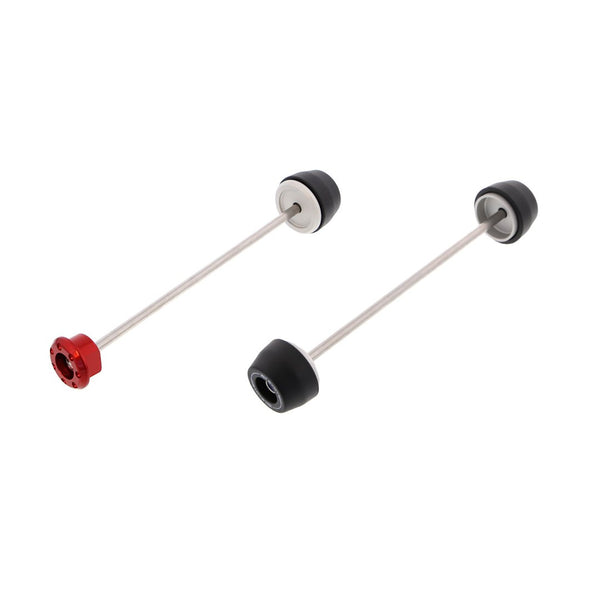 EP Spindle Bobbins Crash Protection Kit for the Ducati Monster 796 with front fork protection with bobbins on both sides (right) and rear swingarm protection with a single bobbin and anodised red hub stop (left). 