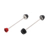 EP Spindle Bobbins Crash Protection Kit for the Ducati Monster 1100 Evo with front fork protection with bobbins on both sides (right) and rear swingarm protection with a single bobbin and anodised red hub stop (left). 