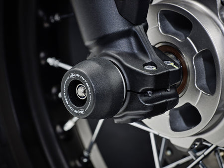 The front wheel of the Ducati Scrambler Urban Enduro with EP Spindle Bobbins Crash Protection Kit fitted.