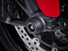 EP Spindle Bobbins Paddock Kits front wheel spindle bobbin crash protection fastened in place at the front wheel of the Ducati Scrambler Café Racer. 