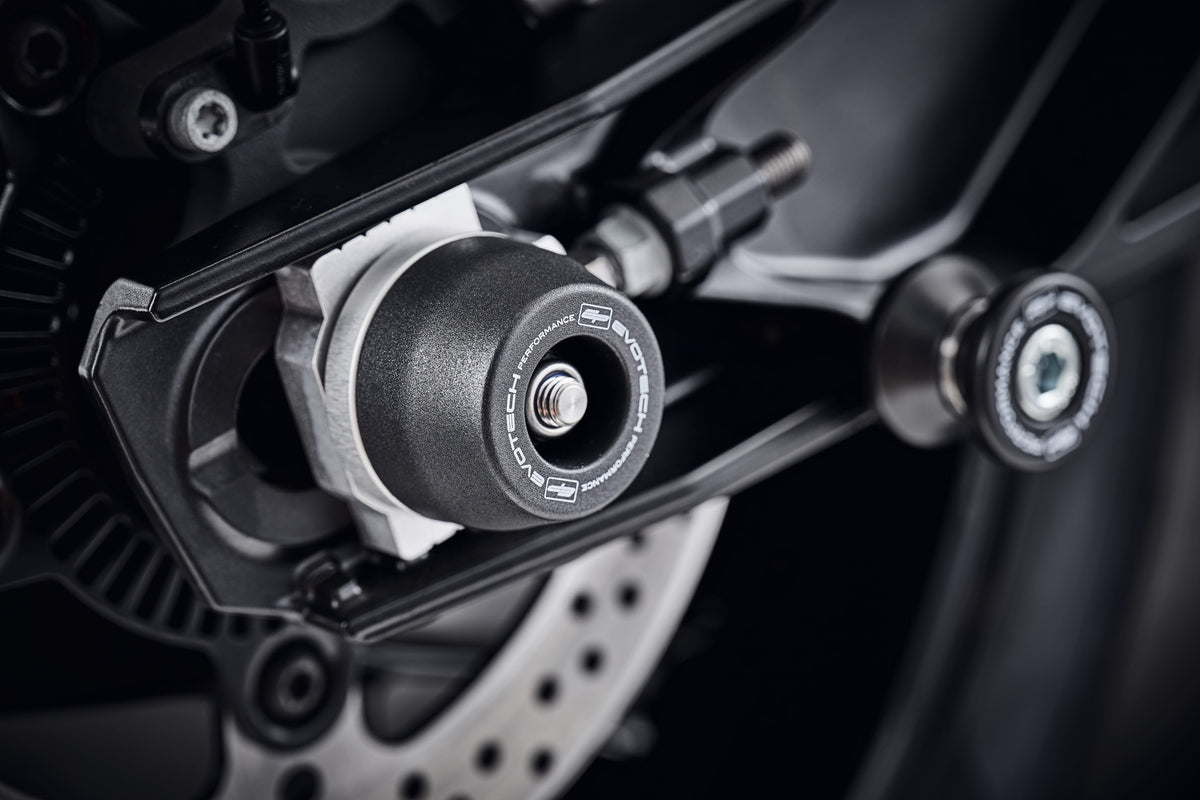EPs Rear Spindle Bobbins nylon and aluminium crash protection bung extending from the swingarm of the KTM 890 Duke R. 