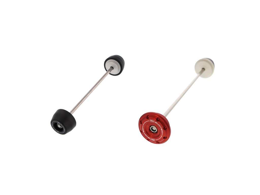 EP Spindle Bobbins Crash Protection Kit for the Ducati Monster 1200 R with front fork protection with bobbins on both sides (left) and rear swingarm protection with a single bobbin and anodised red hub stop (right). 