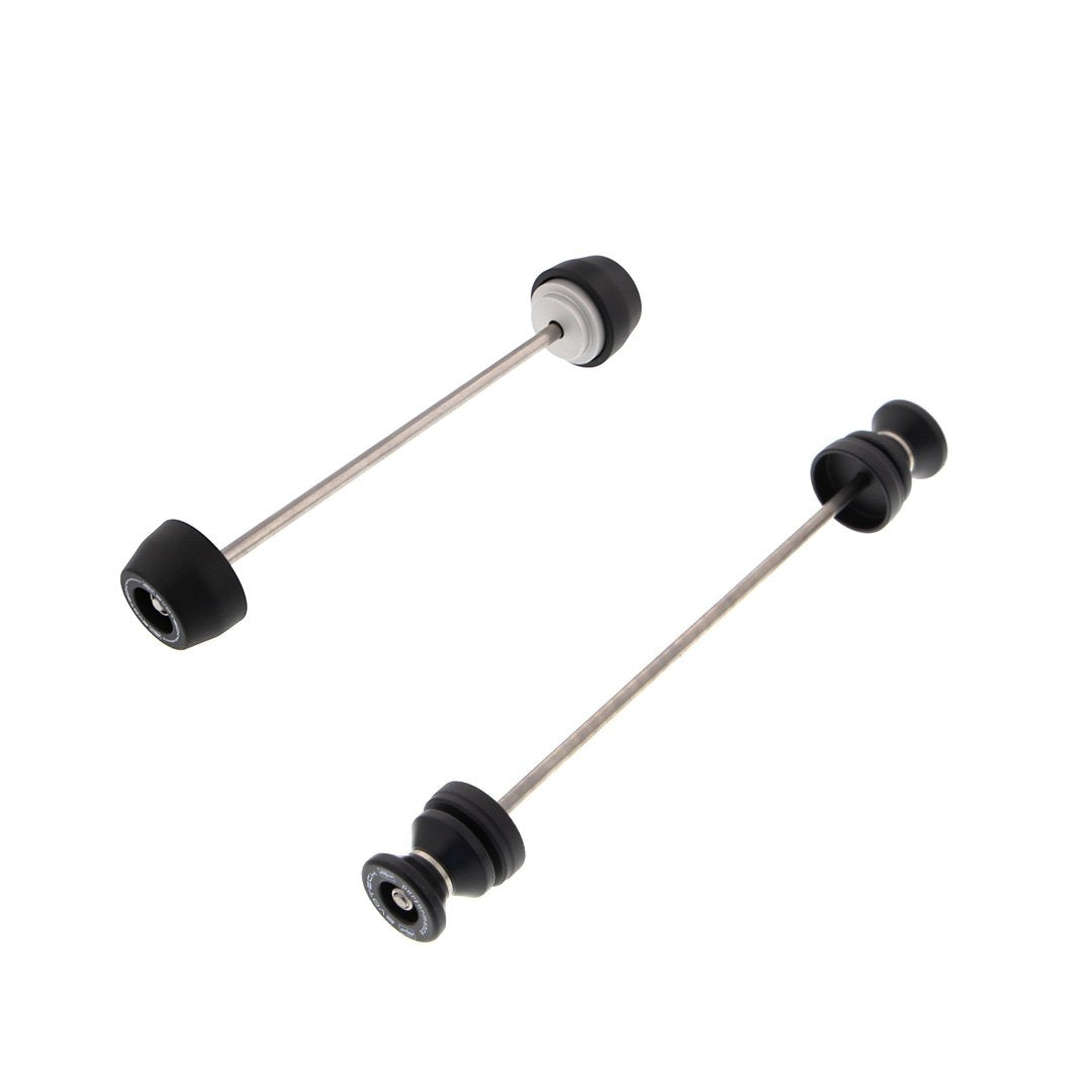Two EP products combine to form the EP Spindle Bobbins Paddock Kit for the Ducati Scrambler 1100 Special: front Spindle Bobbins for crash protection (left) and rear wheel Paddock Stand Bobbins for storage and maintenance (right).