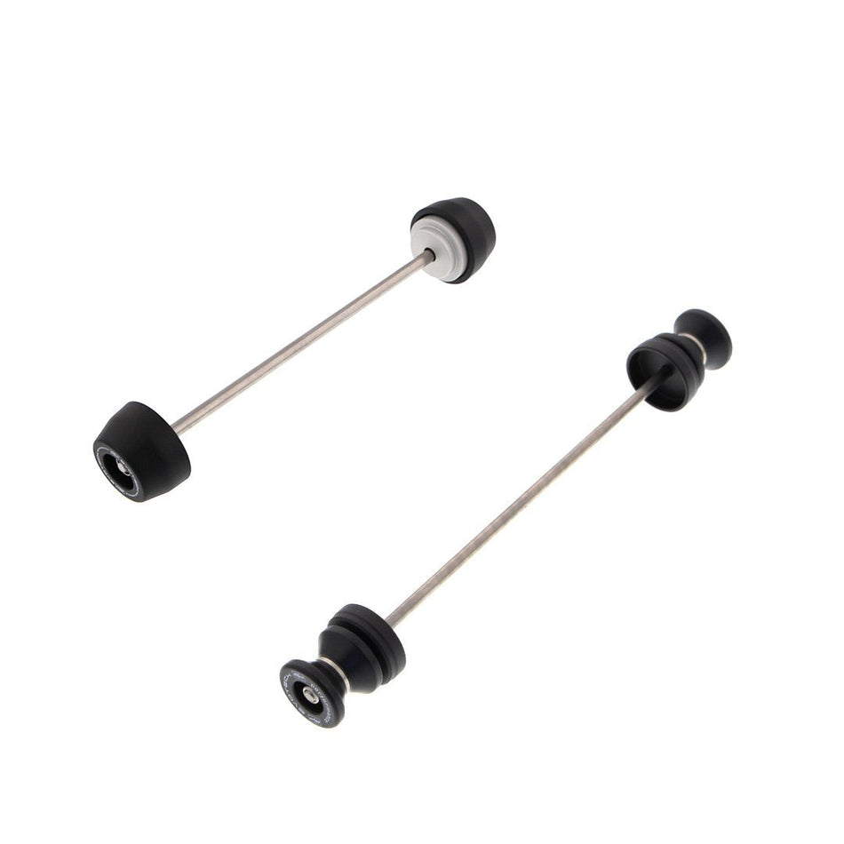 Two EP products combine to form the EP Spindle Bobbins Paddock Kit for the Ducati Scrambler 1100 Pro: front Spindle Bobbins for crash protection (left) and rear wheel Paddock Stand Bobbins for storage and maintenance (right).