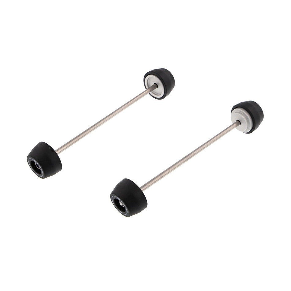 The EP Spindle Bobbins Crash Protection Kit for the Ducati Monster 797+ (Plus) with rear swingarm (left) and front fork (right) protection with spindle bobbins on either side of a rolled-thread spindle rods.