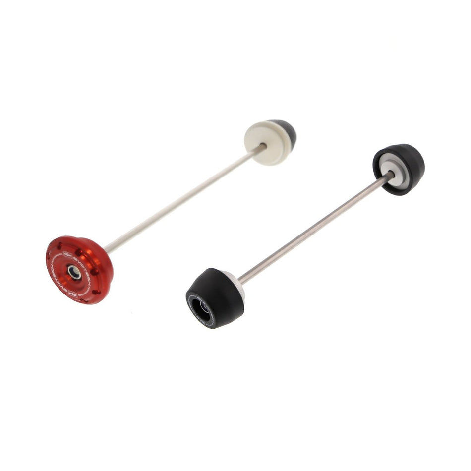 EP Spindle Bobbins Crash Protection Kit for the Ducati Multistrada 1200 S Pikes Peak with front fork protection with bobbins on both sides (right) and rear swingarm protection with a single bobbin and anodised red hub stop (left). 