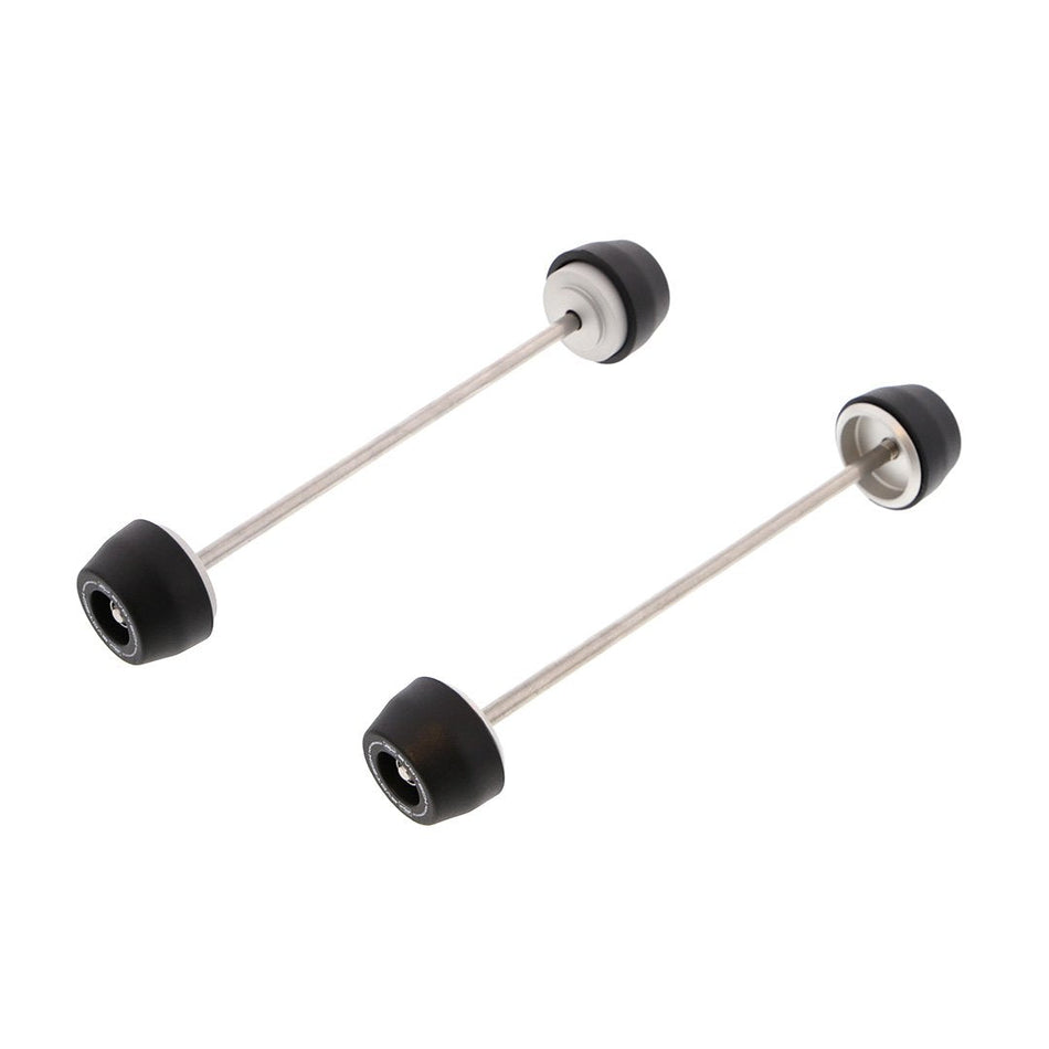 EP Spindle Bobbins Kit for the Ducati Scrambler Street Classic includes crash protection for the front wheel (left) and rear wheel (right). Matt black nylon bobbins with supporting aluminium inners joined by a stainless steel spindle rod.