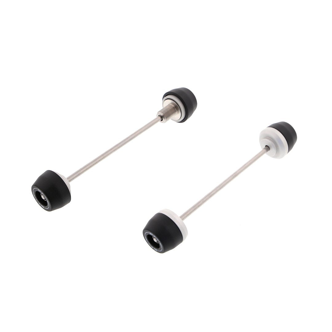 EP Spindle Bobbins Kit for the Honda CBR1000RR has two components, each with a stainless steel spindle rod with specifically sized aluminium spacers and nylon bobbins attached at either end. The front fork protection (left) also has a hollowed spindle bolt.