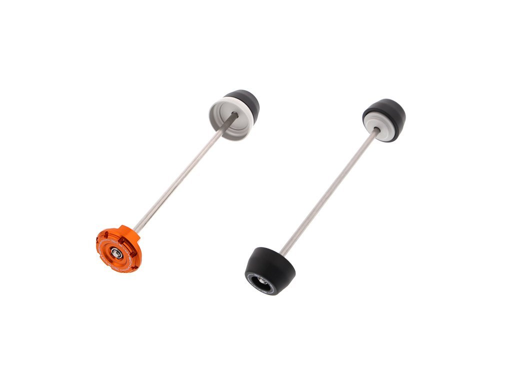 The EP Spindle Bobbins Kit for the KTM 1290 Super Duke R Evo includes rear spindle protection with one bobbin and one anodised orange hub stop (left) and front spindle protection with two precision-fit bobbins (right).