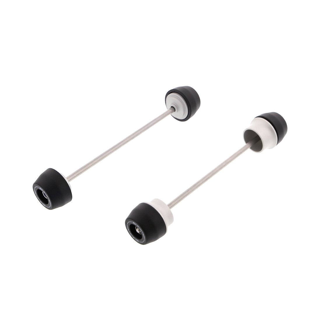 EP Spindle Bobbins Kit for the Kawasaki Z650RS includes front fork crash protection (left) and rear swingarm protection (right). Stainless steel spindle rods hold the signature Evotech Performance nylon bobbins and aluminium spacers together which will attach securely through the motorcycles wheels.  