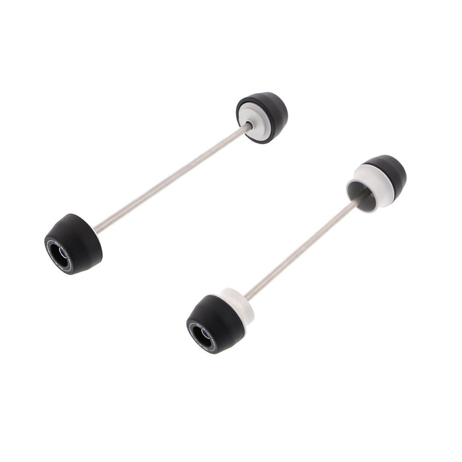 EP Spindle Bobbins Kit for the Kawasaki Z900 includes front fork crash protection (left) and rear swingarm protection (right). Stainless steel spindle rods hold the signature Evotech Performance nylon bobbins and aluminium spacers together which will attach securely through the motorcycles wheels.  
