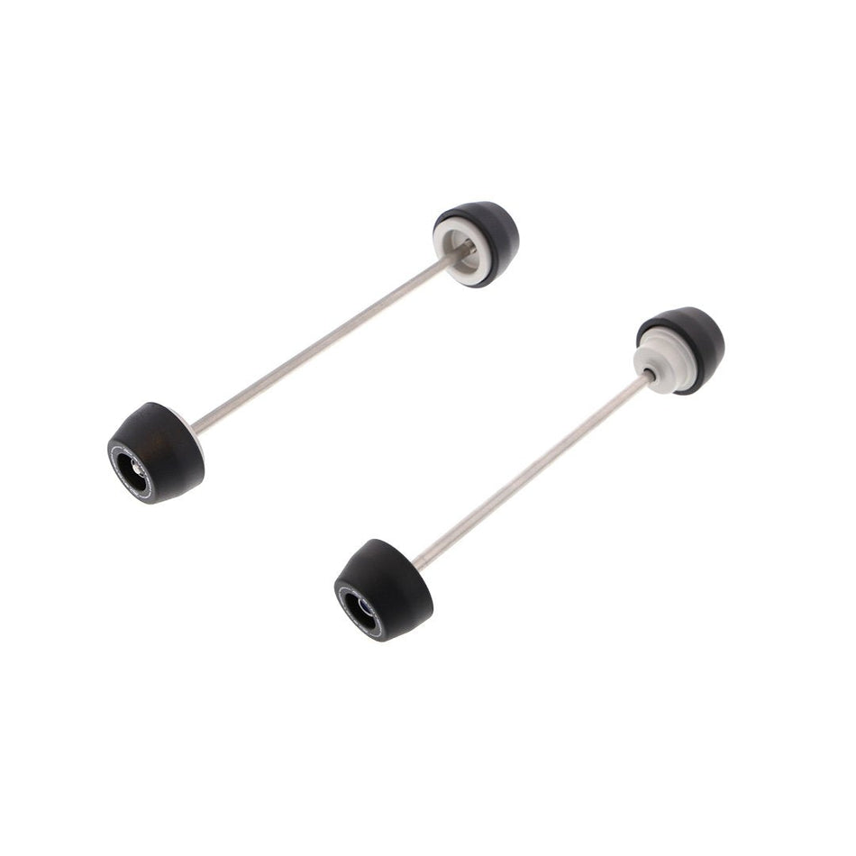 EP Spindle Bobbins Kit for the Yamaha Tracer 900 GT includes front fork crash protection (left) and rear swingarm protection (right). Stainless steel spindle rods secure the signature Evotech Performance nylon bobbins either end to fit precisely the motorcycles wheels.  