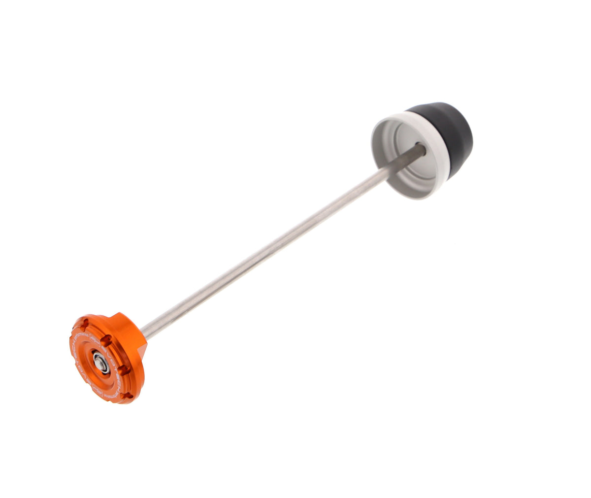 EP Rear Spindle Bobbins for the KTM 1290 Super Duke RR: crash protection for the motorcycles rear wheel. An aluminium and nylon bobbin for the nearside with an anodised orange hub stop for the offside, held together by a spindle rod.