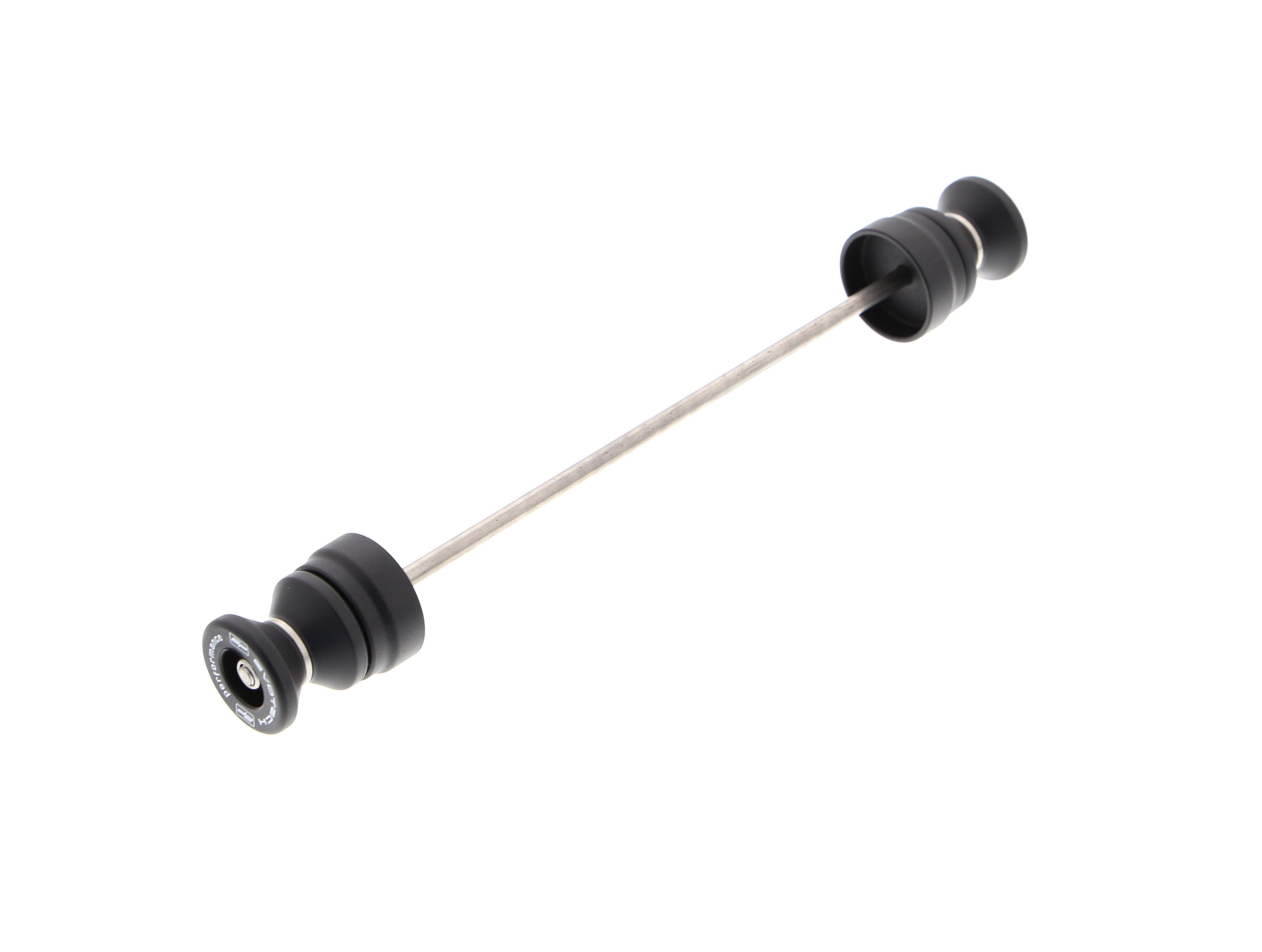 EP Paddock Stand Bobbins for the Ducati Scrambler Sixty2. EP signature nylon paddock stand bobbins with precision shaped aluminium spacer, held either end of a rolled-thread spindle rod.