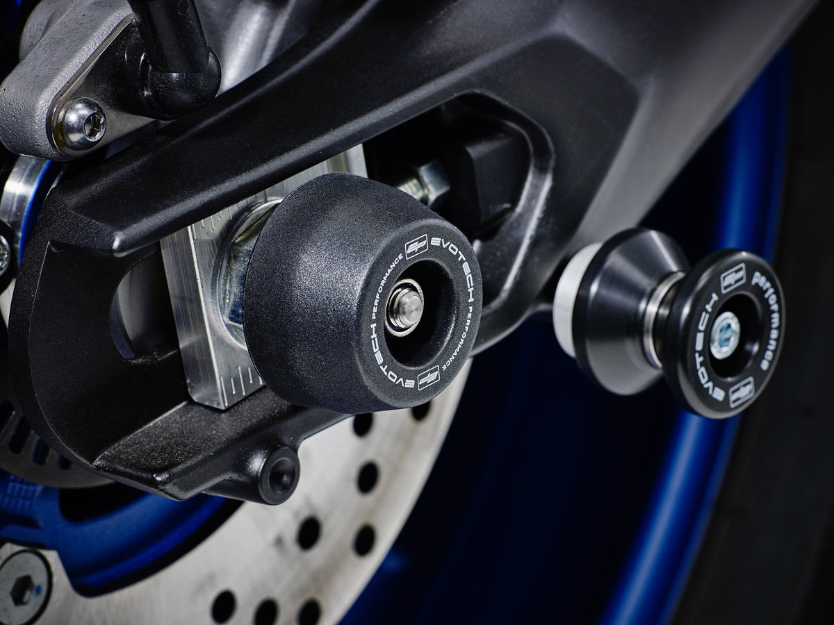 EP Spindle Bobbins Kit crash protection for the rear swingarm of the Yamaha FZ-09, fitted near EP Paddock Stand Bobbins.  