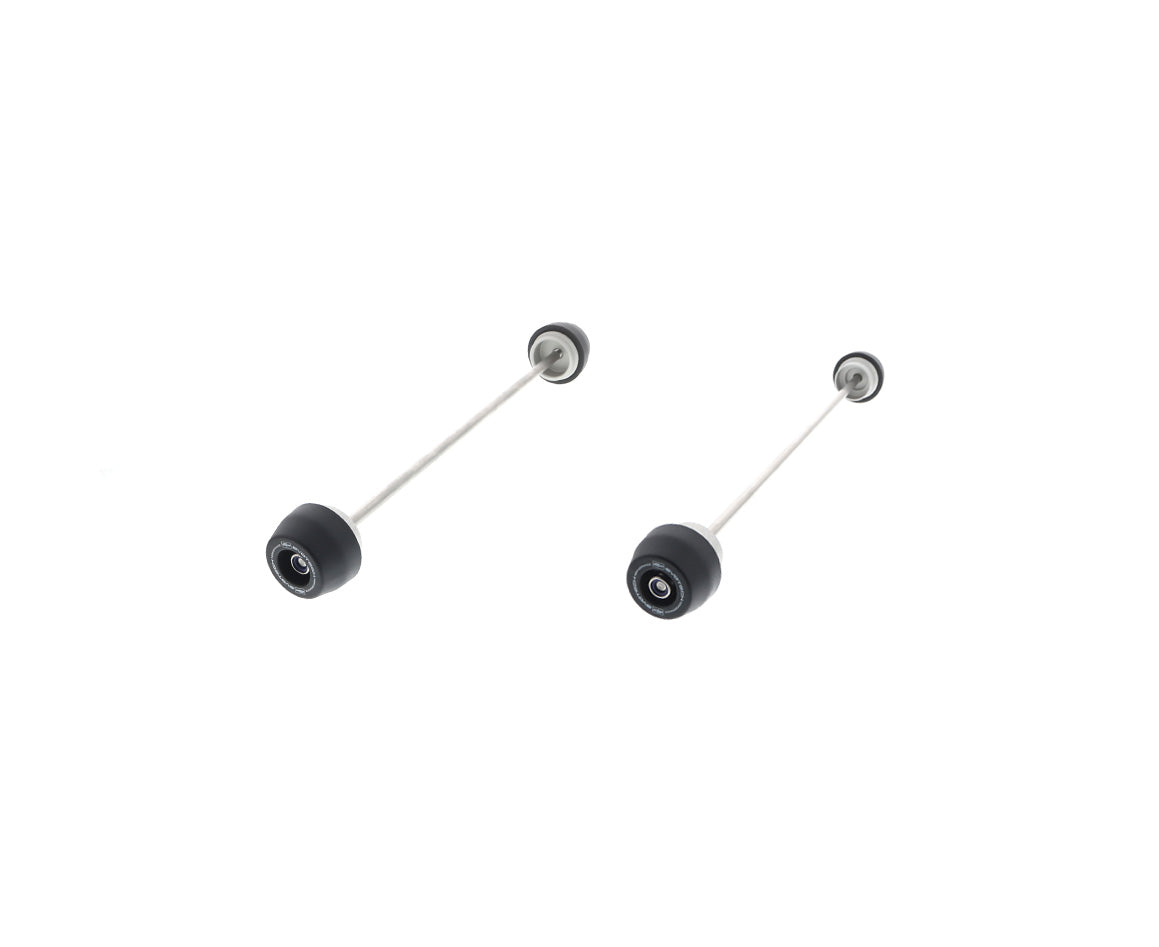 Both components of the EP Spindle Bobbins Kit for the Aprilia RS660. Stainless steel spindle rods hold together aluminium and injection moulded nylon bobbins.