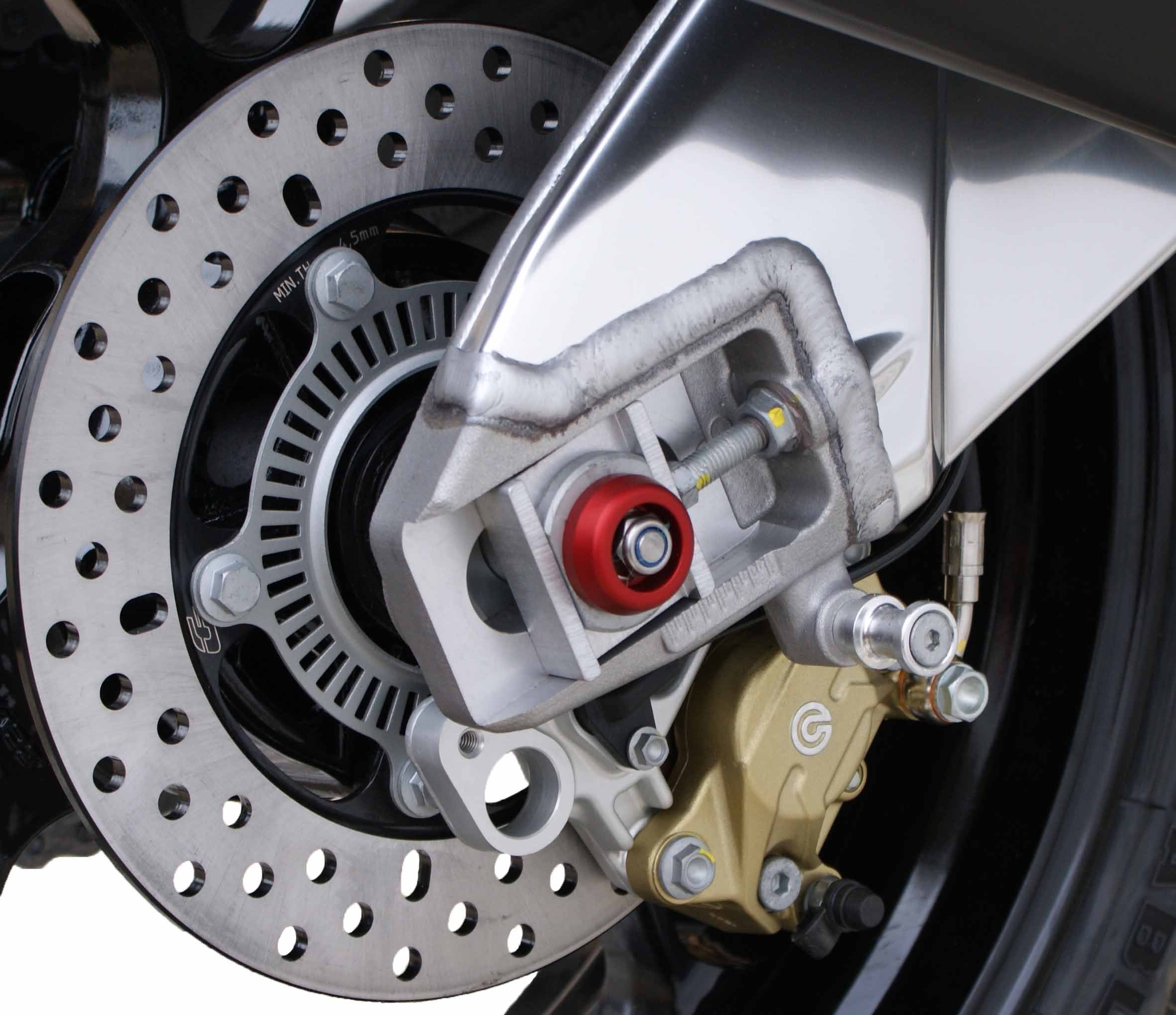 The exhaust side rear wheel of the Aprilia RSV4 RF with EPs attractive red anodised hub stop fitted.